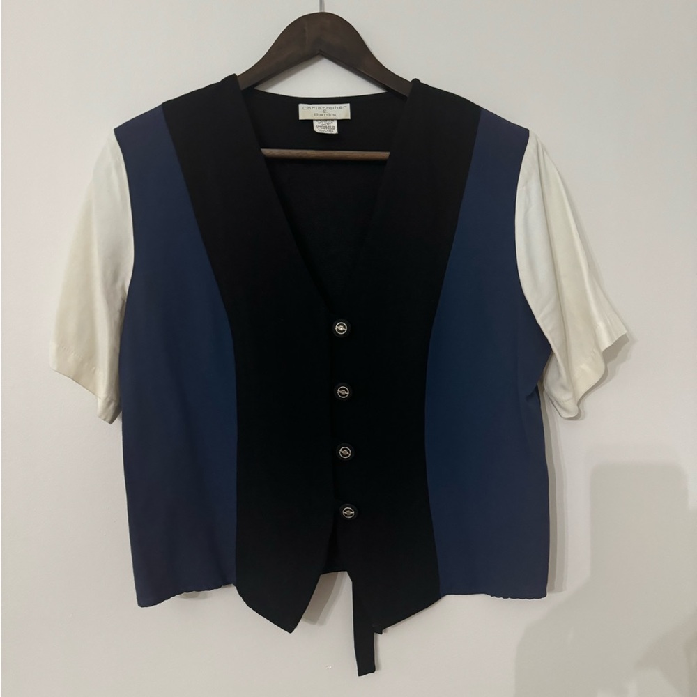 Vintage Christopher & Banks Blue Black Button Down Shirt with Back Tie